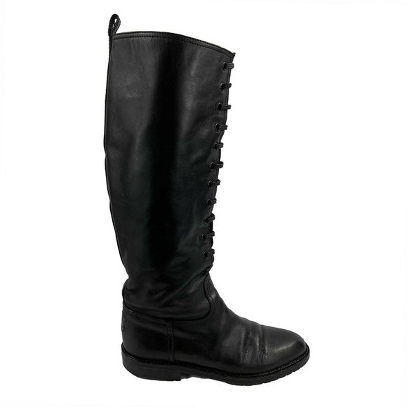 CHANEL - Black Knee-High Leather Lace-Up Biker Boots FR 36 US 6 - Picture 1 of 12